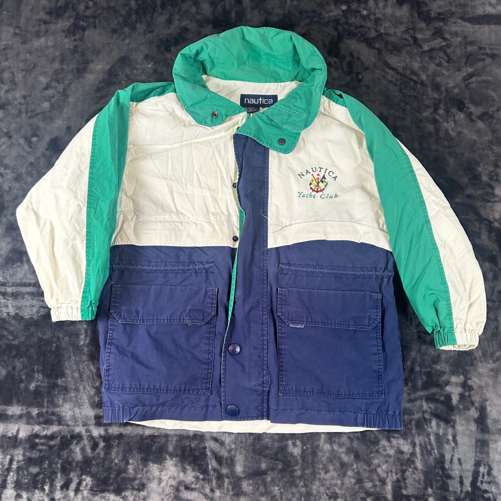 Nautica Jacket Kids L 16-18 Blue White Green Yacht Club Colorblock Windbreaker